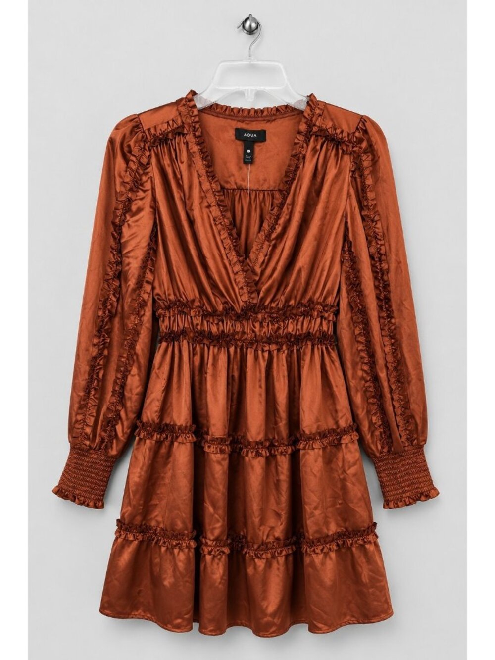 Aqua Bloomingdale Women Size Medium Copper Tiered Ruffled Satin Dress NEW
